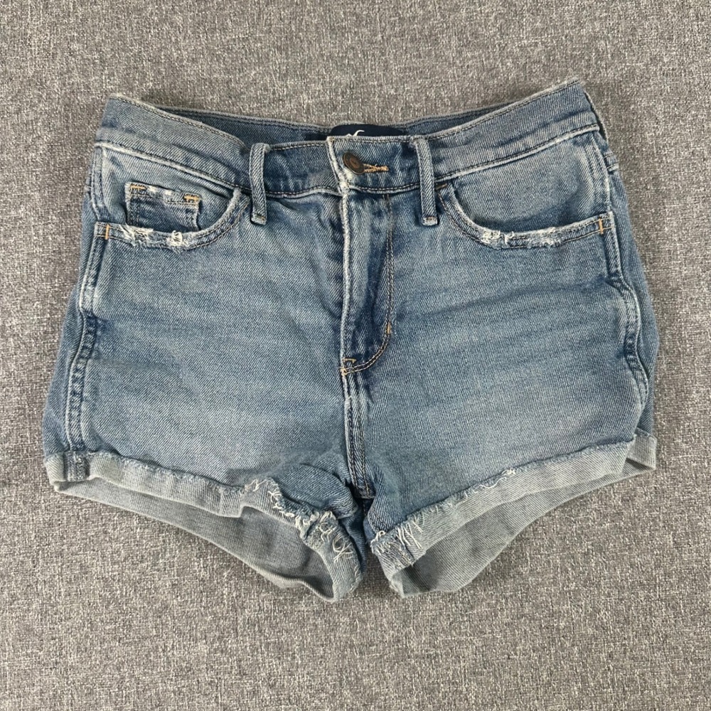 Hollister High Rise Short-Short Blue Denim Jean Shorts Womens Size 1 Distressed